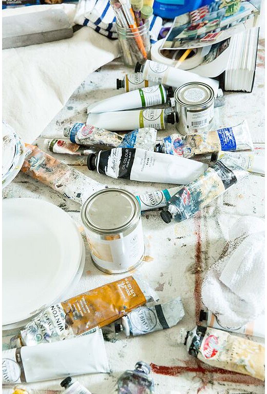 Supplies at the ready in the studio of Mary H. Case.
