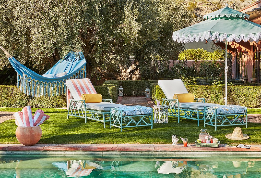In hues of celadon, lemon yellow, and sky blue, outdoor furnishings from designer Celerie Kemble will turn your backyard, porch, or patio into a Palm Beach-style oasis.
