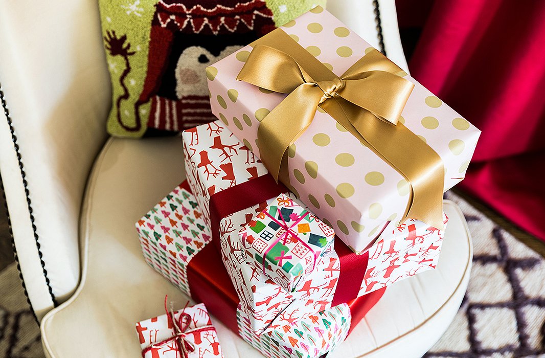 Satin ribbon adds a polished finish to mix-and-match wrapping papers.
