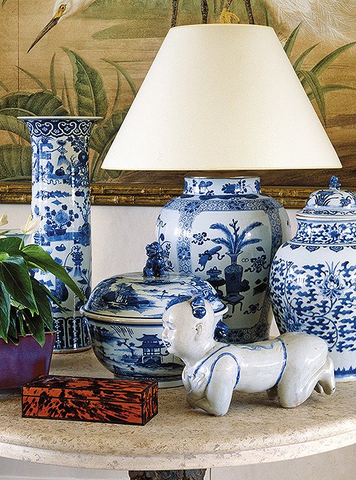 “John has been collecting blue-and-white china for years, all sorts of pieces,” Bunny writes of the enviable assemblage of ginger jars, vases, and other vessels placed throughout the house.
