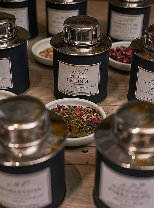 Bellocq’s blended—or flavored—teas have the added lure of looking beautiful. To make a blended tea, flowers, spices, fruits, or herbs are rolled in after leaves are processed (Earl Grey—a black tea with essential oil of bergamot—is the classic blended tea).
