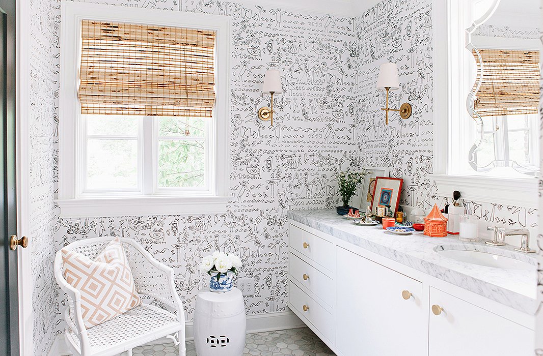 Fun whimsical wallpaper lightens up this master bath