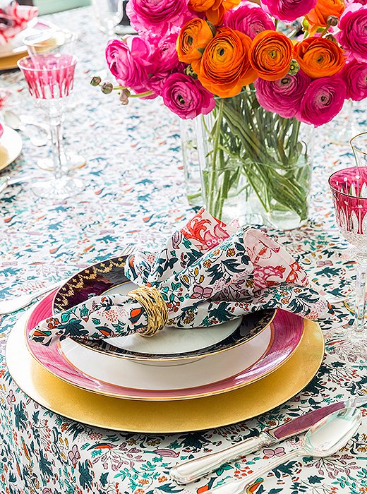 Roberta’s dinner-party essentials include “good food, great wine, hopefully fun guests, and a beautiful table.” The latter is accomplished through a lively mix of old and new: She pairs her family’s heirloom crystal, china, and silver with colorful block-printed table linens from her line. “What I’ve inherited is very serious,” Roberta notes. “It can look kind of stuffy if you don’t bring it down a notch with something whimsical.”
