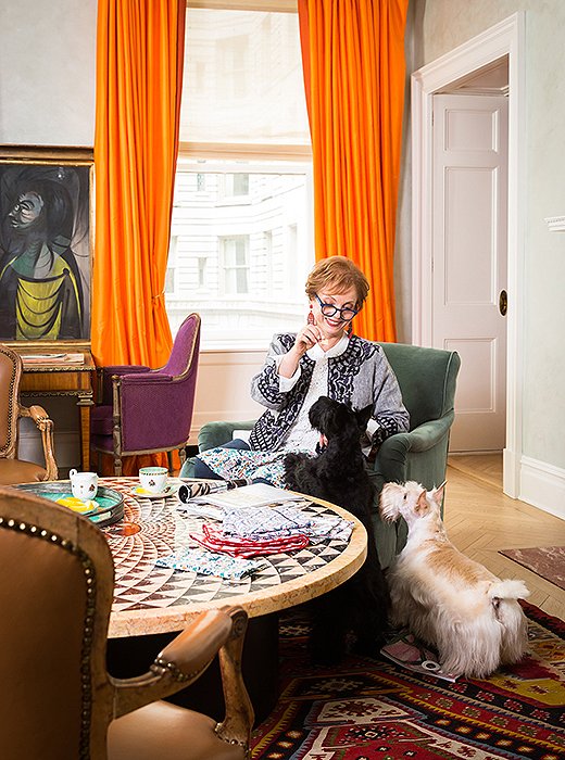 Roberta Freymann at home with her Scottish terriers, Alfa and Romeo.
