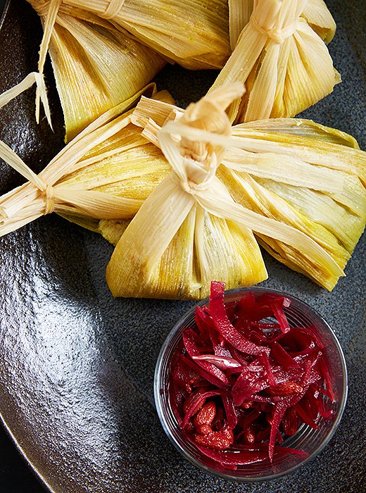 The tamales are served with a pickled-beet salsa.
