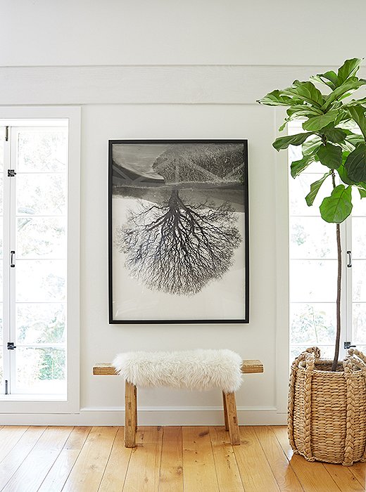 “I love to decorate with natural textures, neutral colors, art, and handmade objects, and those elements are all represented in the new living room,” Jenni says. This vignette—with its sheepskin-topped wooden bench, fiddle-leaf fig tree, and original art—incorporates all her favorite things.
