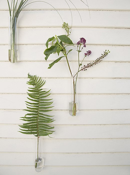 A fern leaf, a sprig of pokeweed (a favorite of Whitney’s), and a few strands of ornamental grass are sculptural still lifes along a porch wall.
