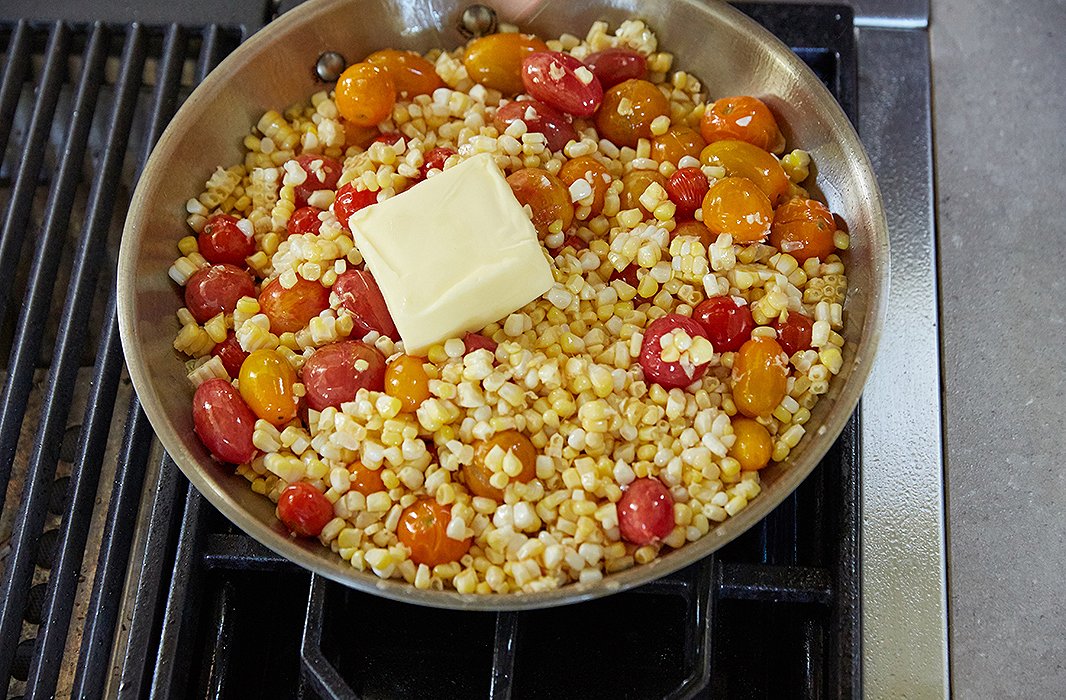 Destined to be the base for our fish: a rustic tomato-and-corn mishmash that delivers that very summery buttery corn-on-the-cob taste.
