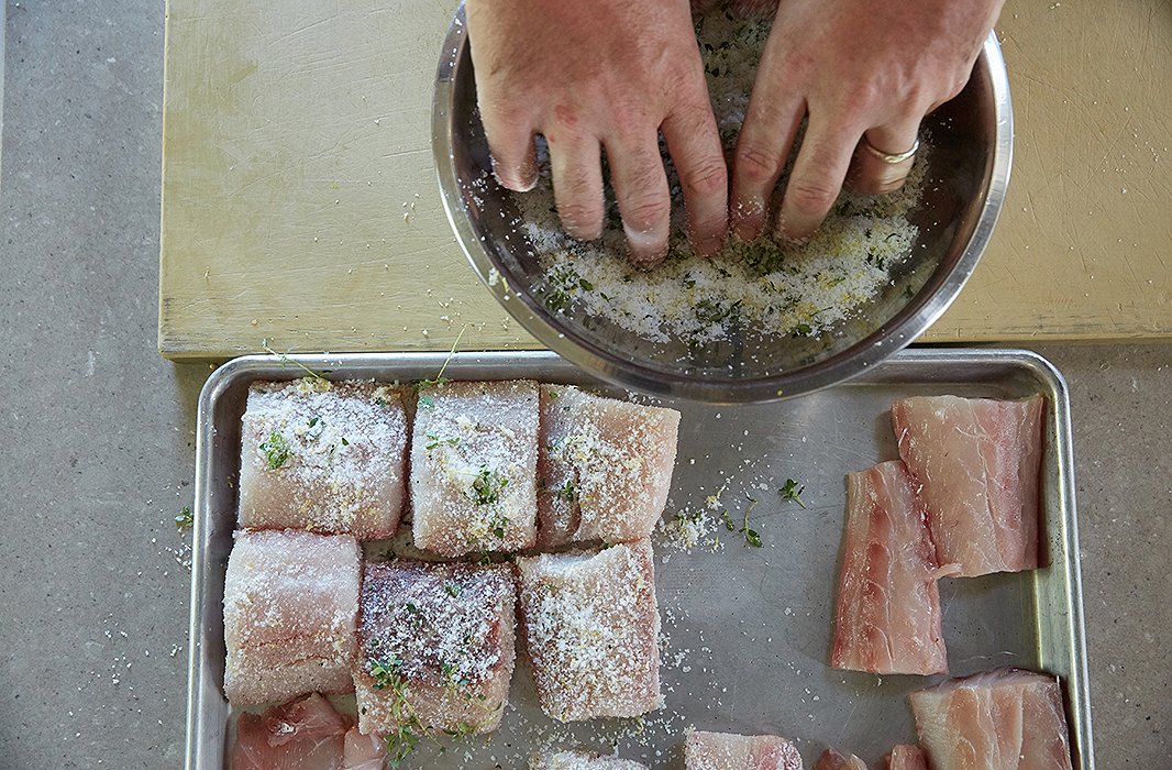 The surprise step in Greg’s recipes for cooking many types of fish: a quick cure, which is an age-old Japanese method that lets the flavors penetrate and makes the fish easier to cook. Get his full recipe for this striped bass here.
