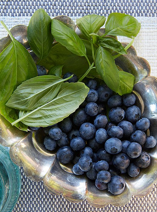 Once I got home, we got the syrup ready for cocktails. And I put out the two main ingredients in the syrup—basil and blueberries—for garnish.
