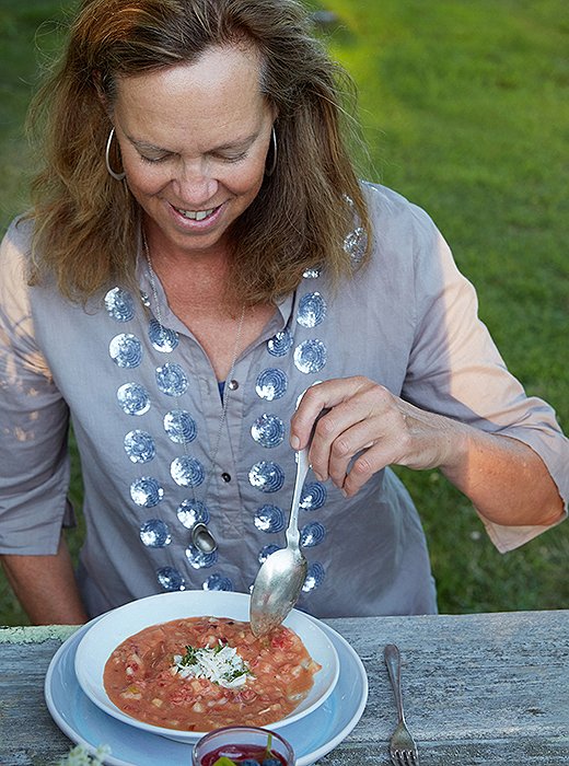 My mom tucks into the crabmeat garnish.
