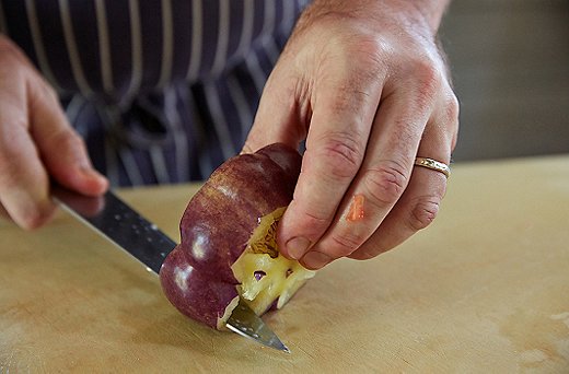 For the peppers, first saw off the top and bottom (those bits go into the purée bowl). Then cut it into thirds, horizontally, and cut open each third so that it’s no longer a continuous circle.
