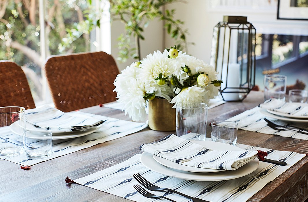 Sophia couldn’t have been more thrilled with the final look. “There were things we hadn’t picked out or even talked about, where Alex just surprised me. He brought in all this dishware and these beautiful place mats, which he said felt reminiscent of the textiles in my house. It was such a gesture.”  
