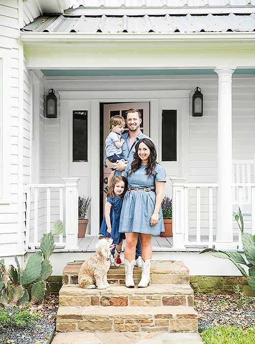 Bailey, Pete, Grace, Harry, and dog Bella on the steps of their charming weekend retreat. “The second I saw the old Victorian farmhouse I knew it was perfect for us.”
