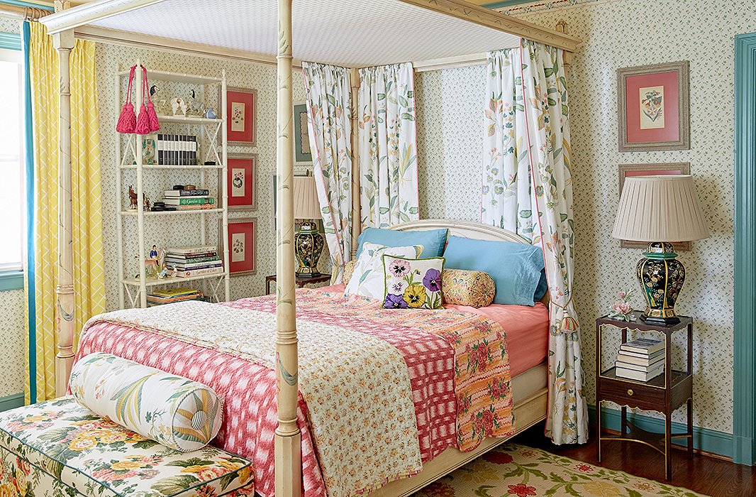 The designers love pieces with a great backstory. “Pretty much everything in the house is vintage or antique, and a lot of those pieces come from persons of relative note,” says Jason. A guest room’s canopy bed is from the estate of actress Joan Fontaine.
