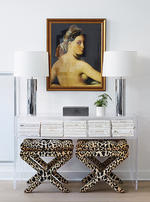 In our Brooklyn town-house makeover, a reproduction of Jean-Auguste-Dominique Ingres’s Odalisque, 1814 hangs between a pair of George Kovacs lamps. Leopard-print ottomans and an acrylic console add a complementary punch of mod to the neoclassical point of focus. Photo by Manuel Rodriguez
