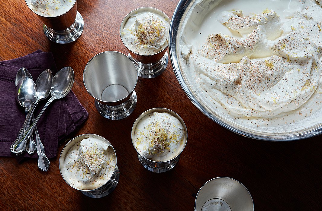 A Southern take on a 16th-century British concoction, syllabub. This sweet and frothy mix traditionally consists of milk or cream, a liquor such as sherry, and sugar. It had me at the name alone.
