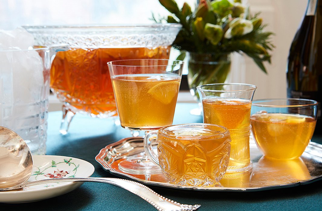 Chatham Artillery Punch in all its glory. When my grandmother gave us this punch bowl and silver ladle, I doubted we’d ever make punch—it seemed so passé. Now I love its throwback spirit, especially accompanied by a mix of glassware.
