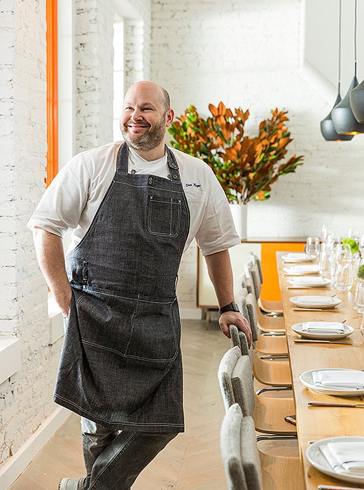 Chef Dan Kluger, pre-opening, in the upstairs private dining room. Dan collaborated with architect Craig Shillito on the main interiors of his latest restaurant. An emphasis was placed on raw materials such as wood, steel, and brick to reflect the restaurant’s organic ethos.
