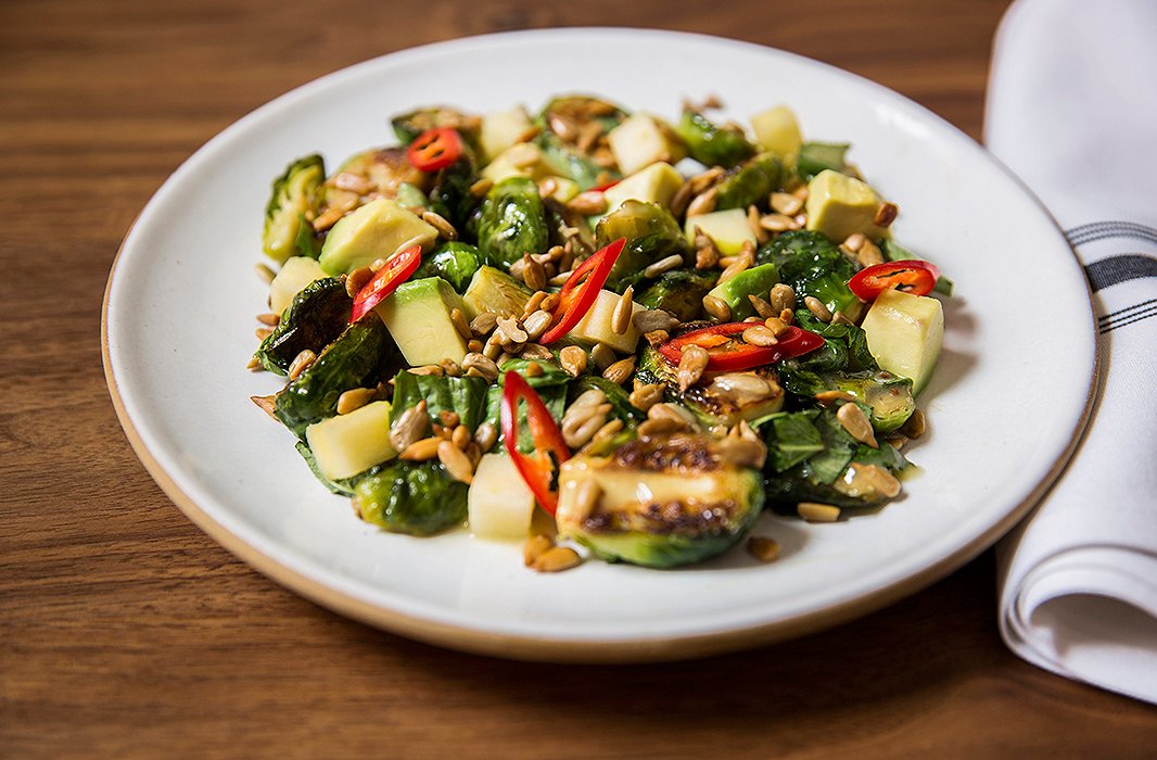 Dan’s twist on roasted brussels sprouts includes avocado and chiles for a unexpected mix of flavors and textures.
