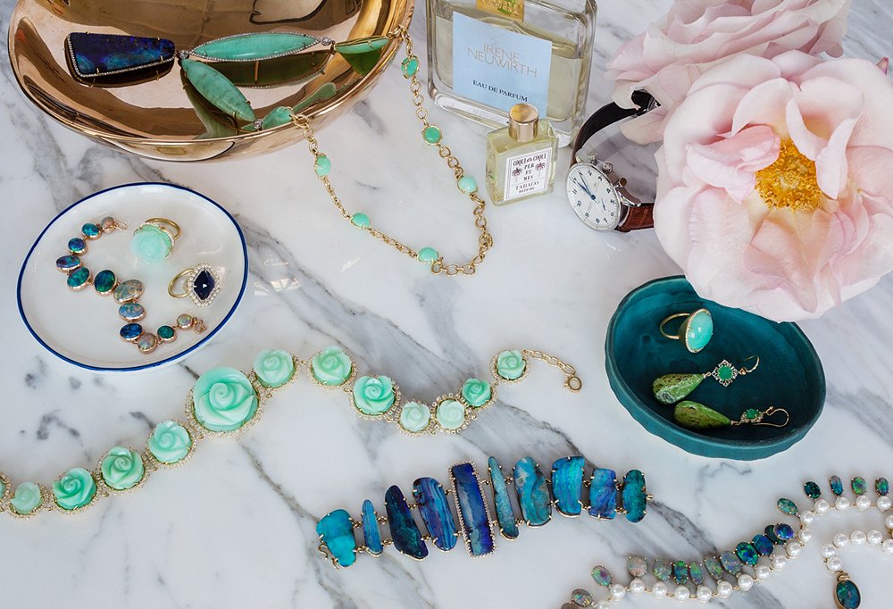 Of course Irene has a treasure trove of her own jewelry to choose from when getting dressed. She often designs with opalescent stones, which remind her of the Pacific Ocean.

