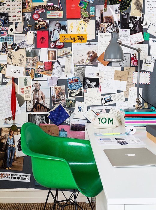 Lizzie’s work space features a green Eames replica from Modernica and a killer inspiration board.
