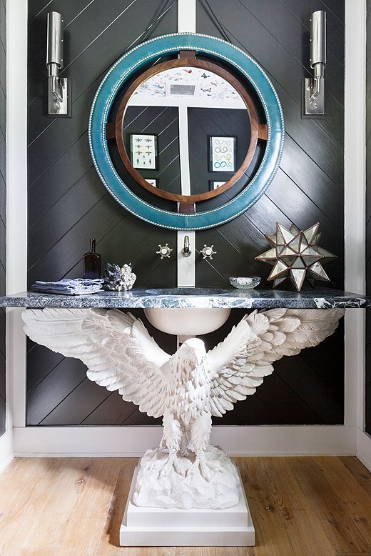 Touches of chrome and a convex mirror give this space a Deco exuberance. Photo by Lesley Unruh.
