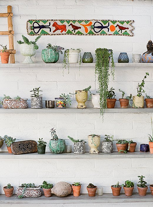 Open shelves hold an artful display of succulents and earthy ceramics. Photo courtesy of The Outpost.
