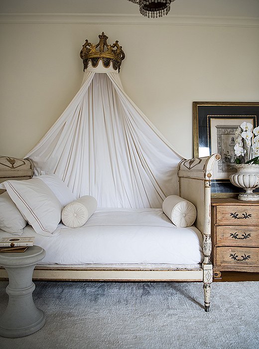 Tara puts antique beds in just about every room—this Directoire piece, she says, is “so enveloping, so sheltering, and so much fun to crawl into at the end of the day.”
