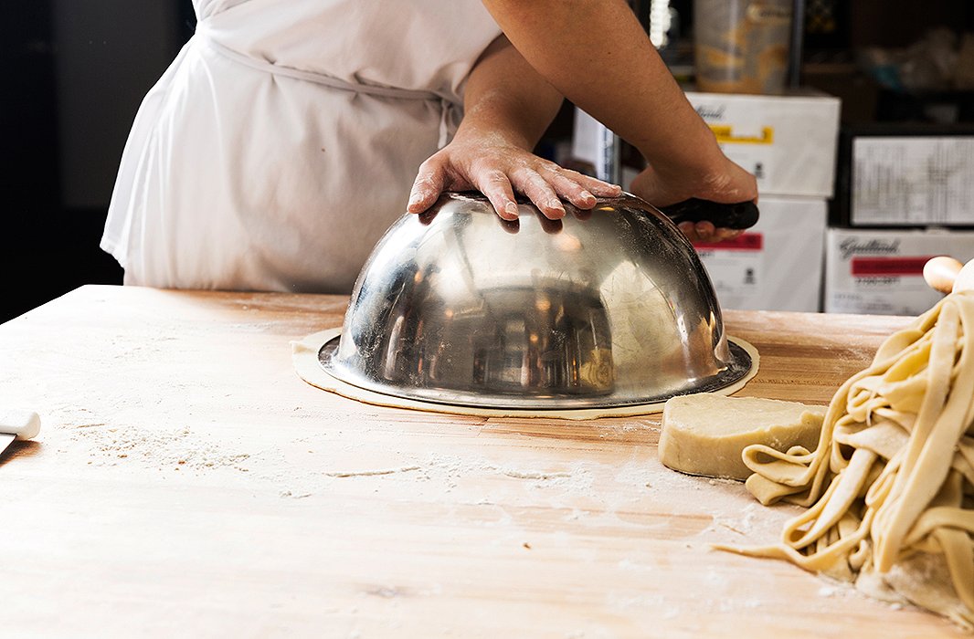 In the Four & Twenty Blackbirds kitchen, bakers use a bowl to make sure the crust is rolled out to be 2-3 inches larger than the pie pan. You can also flip your pie pan over and use that.

