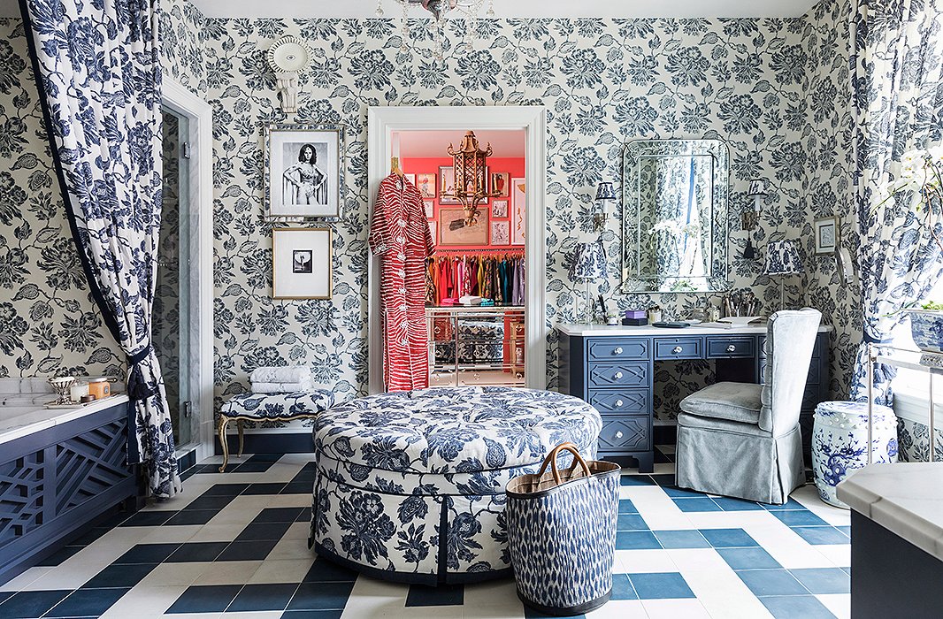 A Thibaut floral motif graces the master bath, where an image of Linda Carter as Wonder Woman inspires Danielle to seize each day. “I don’t think bathrooms should be secondary when it comes to interior design,” she says. “I think that sometimes we become too focused on the functionality within them and they quickly become cold and sterile.” 
