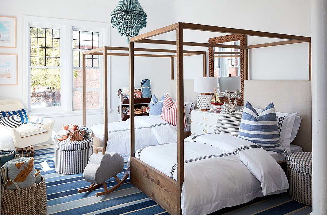 You can never go wrong with a classic stripe. We decked out the storeâs bedroom nook with a bold blue-and-white rug, crisp bedding, and cushy pillows by Hedgehouse. Â