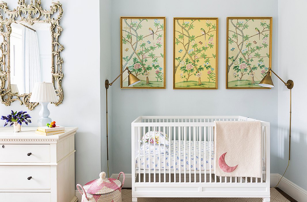 A trio of framed wallpaper panels that once graced CeCe’s mother’s dining room (“a nice little nod to my parents’ house, which makes me happy”) fills the wall above her daughter’s crib. It’s a reflection of CeCe’s elevated approach to designing kids’ spaces. “Just because something is usually thought to be more adult doesn’t mean it can’t be perfectly at home in a children’s room,” she says. “I think it’s better to buy things that you can have forever and your kids can grow into.”
