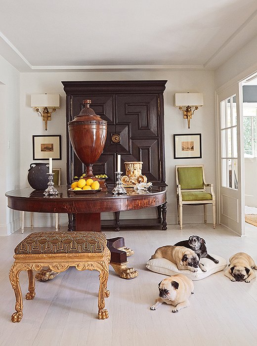Mary McDonald shares her L.A. home with a happy pack of pugs: Jack, Lulu, Boris, Eva, and Violet.
