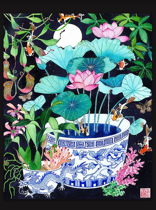 
Garden of Eden VII by Gabby Malpas. “The seascapes and night garden images are moving a little into the realm of fantasy: Fish swim among tropical plants in the night air, and dragons dance among coral and other sea creatures but also terrestrial plants,” Gabby says.

