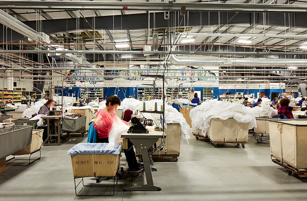 The Matouk workroom in Fall River, MA. The company carries on a tradition of American textile production in New England and is dedicated to supporting its community of talented craftspeople.
 
