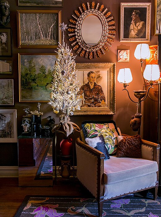 A silver tree—trimmed with vintage ornaments, of course—brings a festive feel to a cozy reading nook. “Vintage ornaments add that nostalgic, sentimental vibe to a home, and people often have a very warm and fuzzy response to them,” Bob writes.
