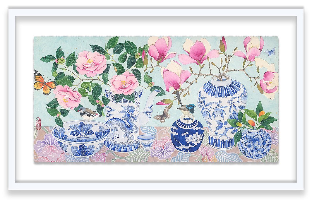 Lavish II by Gabby Malpas. “The Lavish pieces are purely joyful images: a celebration of spring flowers, blue-and-white ceramics, and batiks, with pink as the underlying color,” Gabby says.
