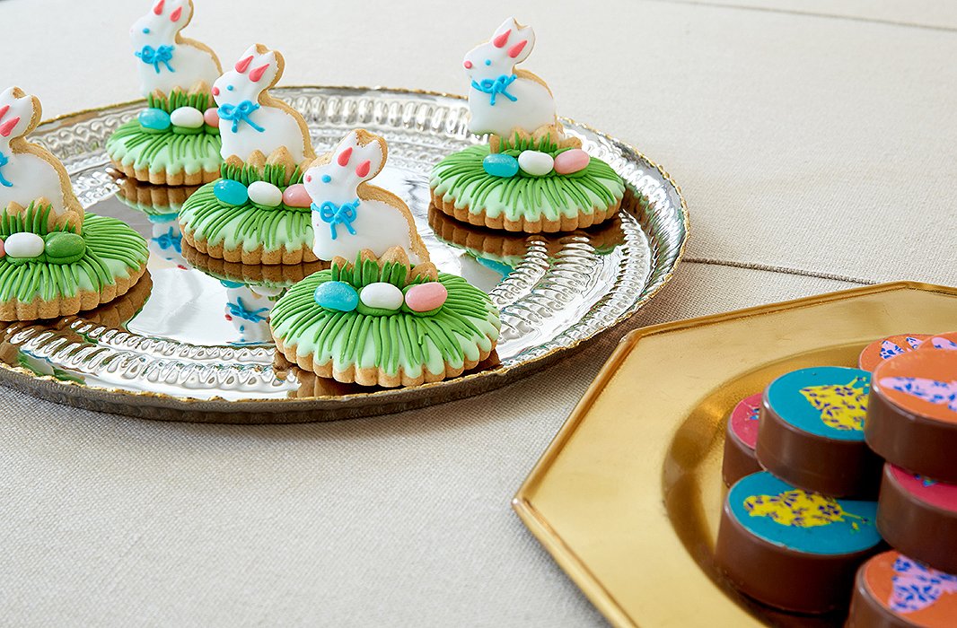 These cookies are “so beautiful, you almost don’t want to eat them!” Dylan says. Stacked on gold and silver trays for a hint of glamour, they add another tempting element to the spread.
