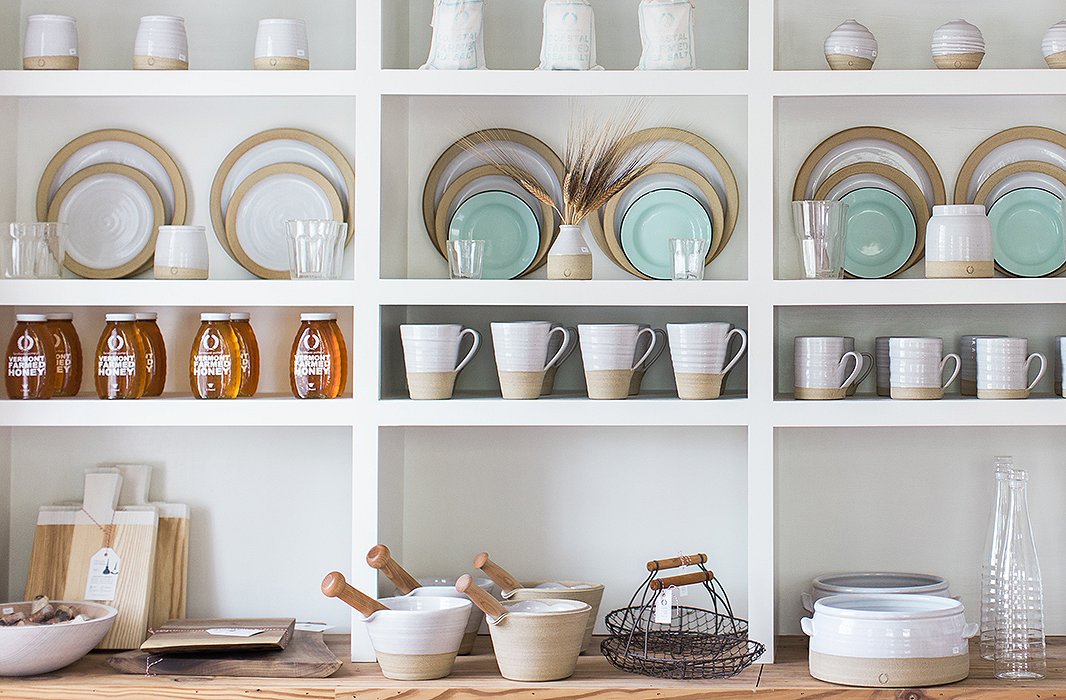 Handmade wares—each one slightly different from the next—on display at Farmhouse Pottery’s Woodstock store. 
