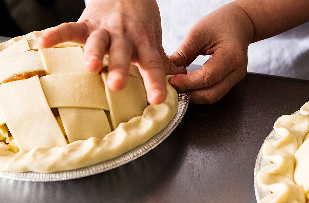 When crimping, use your thumb and forefinger along the outside while rocking the inside of your thumb from the inside out. And be aggressive—as the bakers at Four & Twenty say, “You need to show the crust who’s boss.”

