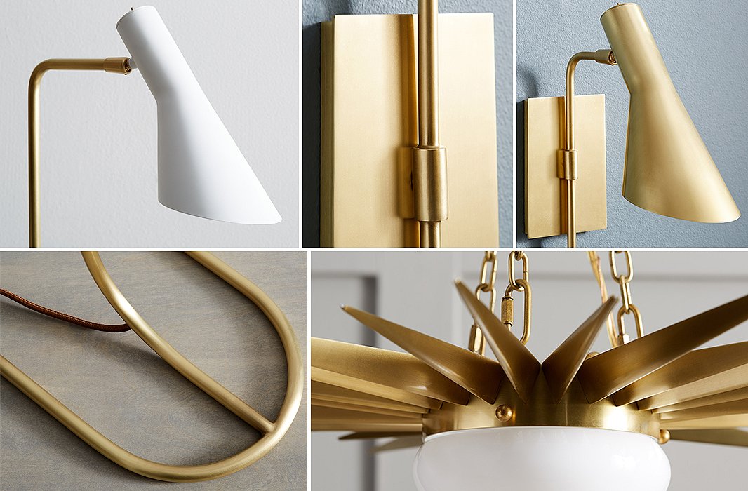 Details of our new designs, including (clockwise from bottom left) the Penelope Task Lamp, the Penelope Sconce, and the Solana Pendant.
