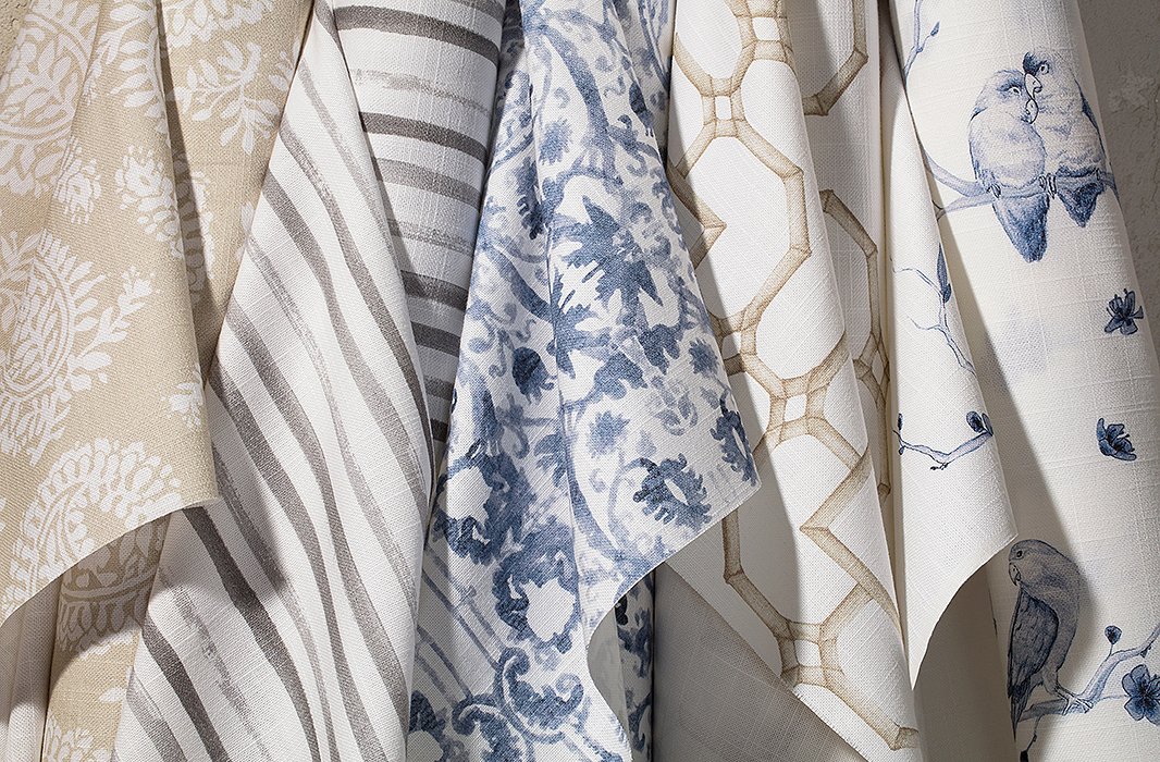 Patterns from left to right: Persian Batik in Beige, Flowing Stripes in Gray, Kaleidoscope in Blue, Bamboo Lattice in Beige, and Lovebirds in Blue.
