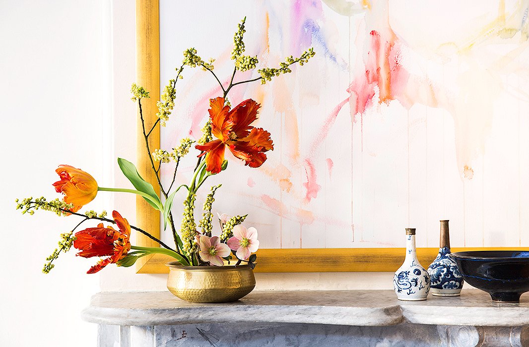 The Japanese-inspired arrangement on our bedroom mantel—it needs to be set against a backdrop so that you can see all its lines.  