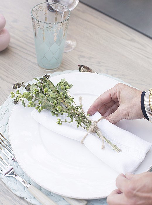 Herb bundles made for fragrant finishing touches to gorgeous white linens from Rachel Ashwell Shabby Chic Couture.
