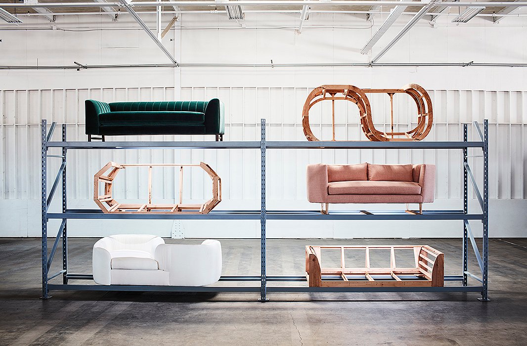 The Alden sofa, the Blythe sofa, and the Clio tête-à-tête (clockwise from top left), together with their respective frames.
