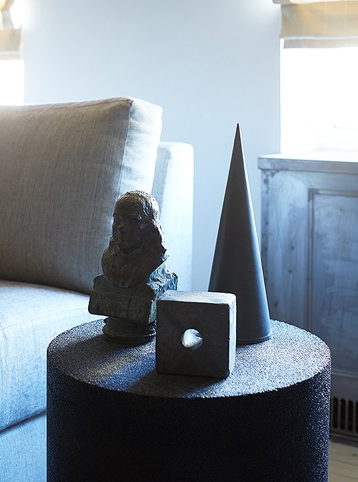 Amoia Studio, which Samuel runs with his sculptor brother, uses materials that you don’t typically see in large scale—rock salt, amethyst, malachite, even sugar. “There’s a metaphysical aspect to the stones,” Samuel explains. “They all have healing qualities.” They made this drum-shape stool from black Indian tourmaline and plaster.
