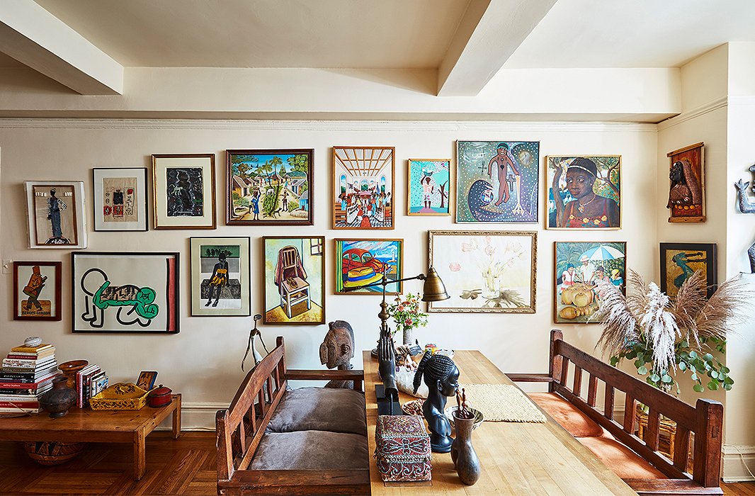 A wall of art features work by David Bowie and Keith Haring (both of whom were close friends of Hardison’s) and a number of paintings from Haiti. Two Thai benches flank the desk and were once used in the office of Bethann Management, the modeling agency she ran for 12 years before closing it in 1996. 

