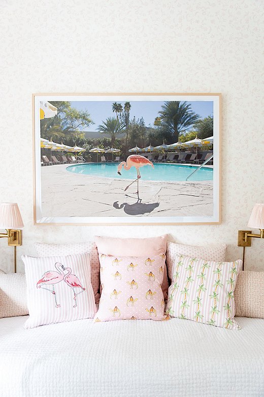 These pieces were made to mix and match, as Gray did in his daughter’s room with the Flamingo Stripe and Palm Tree Stripe pillows. 
