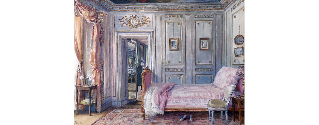 A painting of Elsie de Wolfe’s bedroom by British artist William Bruce Ellis Ranken.
